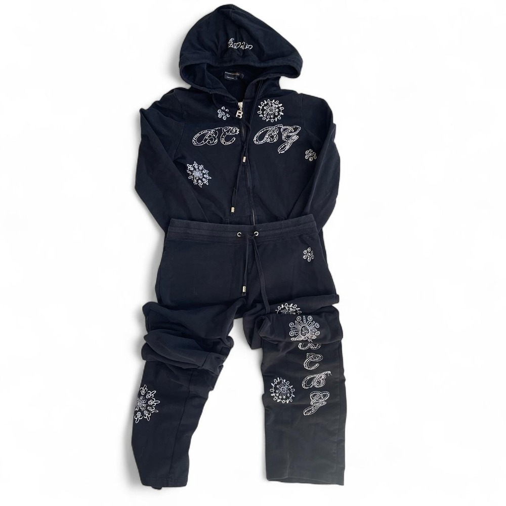 BCBG Black Rhinestone Tracksuit Set Zip Hoodie & Wide Leg Pants Y2K Logo M